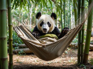 A panda is relaxing in a hammock in a bamboo forest. AI.