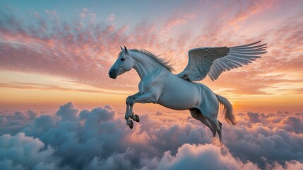 Fototapeta premium A majestic white pegasus soars through the clouds at sunset. AI.