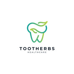 teeth and leaves in line art logo style for dental care logo, toothpaste brand, mouthwash or dental clinic