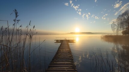 Fototapeta premium Picturesque panoramic sunrise at lake with mist on a sunny day - nature landscape photography