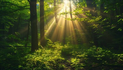 Beautiful summer sunlight shining through the trees in a lush green forest on a bright and sunny day