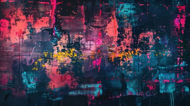 abstract psychedelic paint grunge background with an artistic rusty surface and iridescent vivid colors contrasting with the major black
