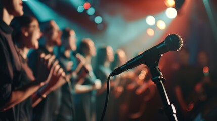 A choir singing in harmony on stage, each member holding a microphone as they unite their voices in a symphony of sound.