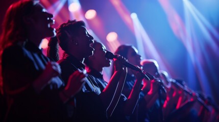 Fototapeta premium A choir singing in harmony on stage, each member holding a microphone as they unite their voices in a symphony of sound.