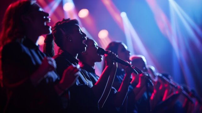 A choir singing in harmony on stage, each member holding a microphone as they unite their voices in a symphony of sound.