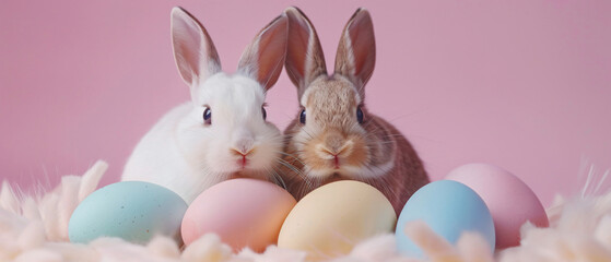 Two rabbits and colourful eggs Easter concept