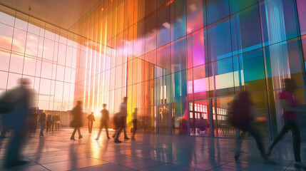 
Modern Glass Building Background: Business People Walking with Colorful Reflections and Blurred Motion Effect