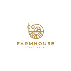 a house with trees and plantations in line art style. this logo is suitable for a farmhouse