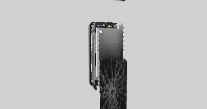 Detailed 3D animation showing hardware and components inside and repair damaged front glass. Black and white matte layer for compositing with other background.