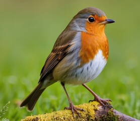 Close-up of robin perched on a mossy tree branch in green field 