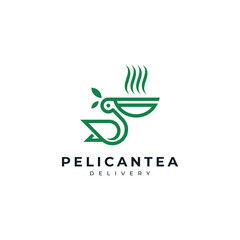 a pelican and a cup of hot tea. this logo is suitable for beverage brands, cafes, teahouses and delivery services.