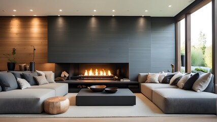 contemporary living room with hearth