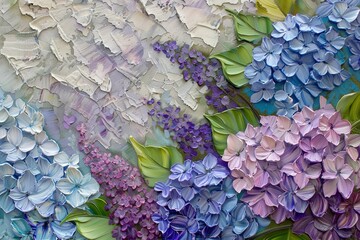 Close-up Hydrangea and Lilac Oil Canvas: Impasto Floral Home Decor Art