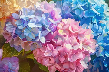 Spring Hydrangea Blooms: Colorful Close-Up Oil Artwork - Vertical Printable Decor