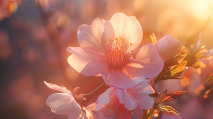 A close-up of a delicate sakura blossom, its soft pink petals illuminated by the warm glow of sunlight.