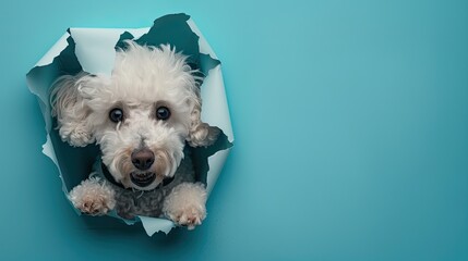 a cute white poodle peeking through a hole in paper, with big eyes gazing at the camera amidst ripped paper, exuding a sense of playful mischief and curiosity.