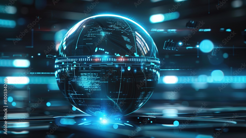 Poster a futuristic spherical orb, representing an ai assistant in powerful software program.