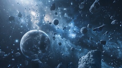 Naklejka premium Rotating Celestial Bodies in Cosmic Grunge Landscape Showcase 3D Rendered Deep Space Scene with Planets,Moons,and Asteroids Orbiting in Stellar