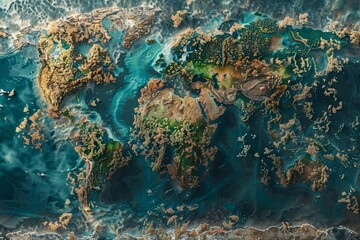 A highly detailed and realistic world map, showing the continents and oceans