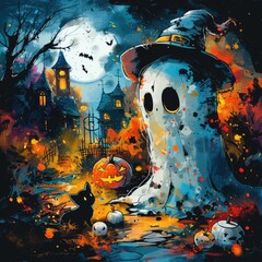 Fototapeta premium A graphics Halloween design with a cartoon character, such as a ghost or witch, in a spooky and playful style, with bold and bright colors