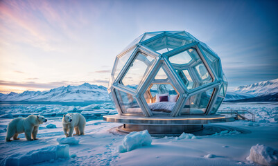 glass dome-shaped room with a bed inside, surrounded by ice and snow. Two polar bears are nearby. - 800534662