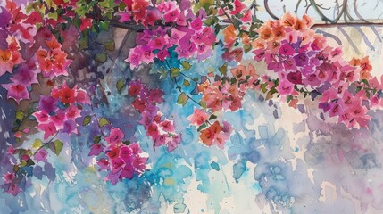 Aquarelle of pink and orange bougainvillea flowers with green leaves on a blue background.