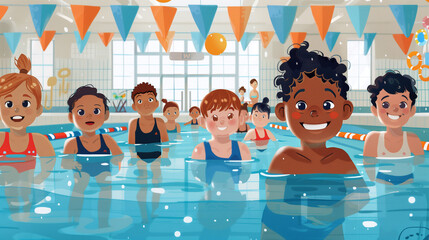 Children Enjoying a Fun Swimming Lesson in an Indoor Pool