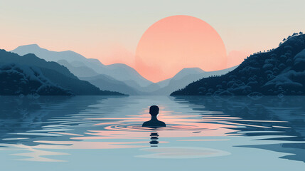 Serene Lake at Sunrise with Person Swimming and Mountains