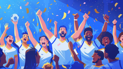 An illustration of a diverse team of athletes celebrating a victory with confetti in the air