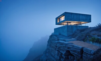 square building is perched on a rocky cliff above the fog ocean - 800535230