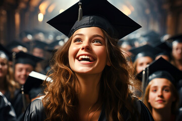 Portrait of smiling graduate girl wearing black cap, on backdrop of other graduates. Education and graduation theme.