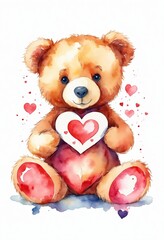 Teddy bear with heart on white background. Watercolor illustration.