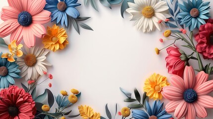 beautiful colorful flowers border background with some space in the center 
