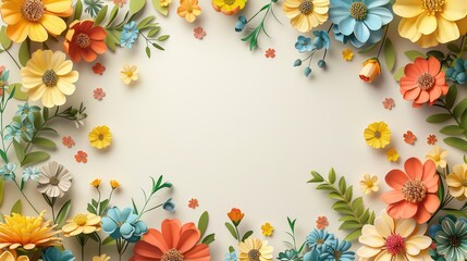 beautiful colorful flowers border background with some space in the center 
