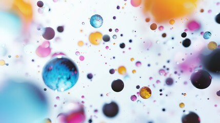 black and colorful spheres in dynamic movement floating in the air on a white background, nice depth and blur