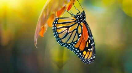 A close-up of a monarch butterfly emerging from its chrysalis, a breathtaking moment of transformation captured in vivid clarity.