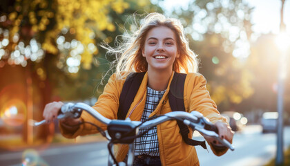 smiling young woman riding a bicycle in the city on a sunny day