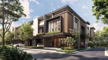 modern minimalist townhouses, featuring three stories and gable roofs, with grey bodywork accented by white trim, embodying a sleek and sophisticated urban living aesthetic.
