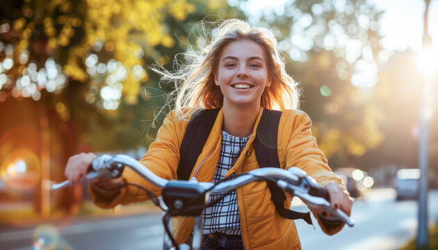 smiling young woman riding a bicycle in the city on a sunny day