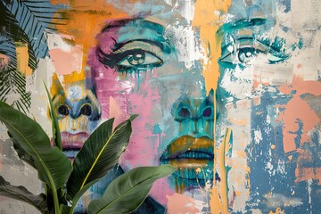 Modern Plants and Abstract Faces: Pastel Oil Painting Magic on Textured Wall