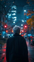 The back of a middle-aged man on the roadside at night