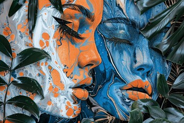 Interior Painting Collage: Modern Plants, Orange & Blue Abstract Faces, Marbled Effects