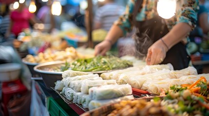 Vietnamese Street Food Market Displaying Fresh Spring Rolls