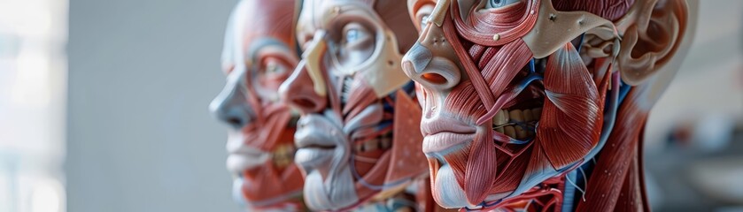 A row of three human head and neck anatomical models showing superficial and deep facial muscles and nerves. The background is out of focus and light grey.