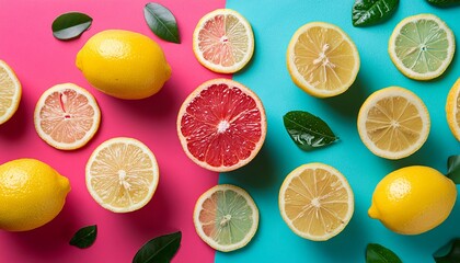 Lemon pattern on pastel background, top view. Flat lay with fresh yellow lemon slices. Minimal summer concept