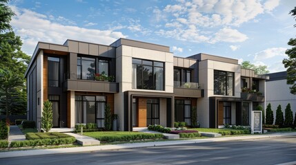 modern minimalist townhouses, featuring three stories and gable roofs, with grey bodywork accented by white trim, embodying a sleek and sophisticated urban living aesthetic.