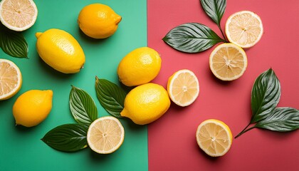 Lemon pattern on pastel background, top view. Flat lay with fresh yellow lemon slices. Minimal summer concept