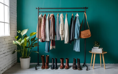 Rack with different stylish women's clothes, boots, bag and green houseplant indoors