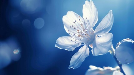 A close-up of a sakura blossom against a deep blue sky, its delicate petals a symbol of grace and beauty.