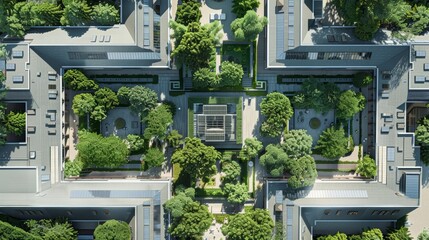 An aerial view of a city block with green courtyards and solar panels on the roofs